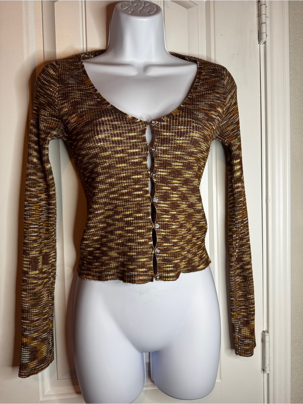 Knit Long Sleeve Button-Front Top in Brown festival coquette western